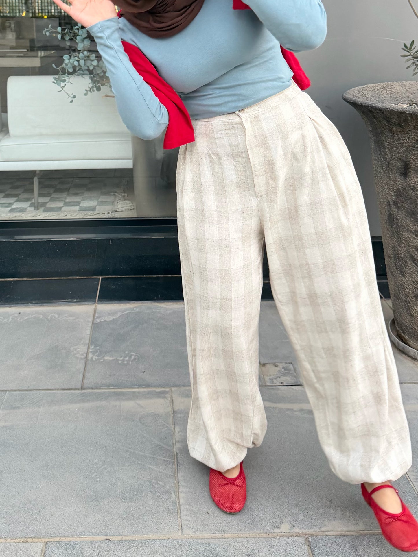 Linen Check Balloon Pants